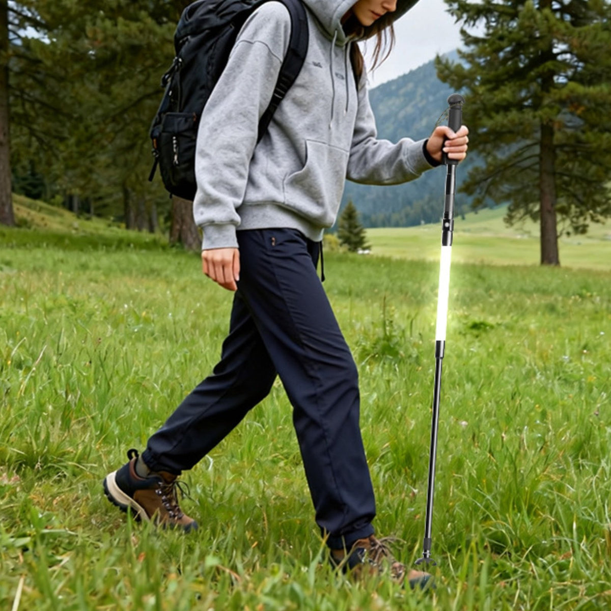 Aluminum Alloy Folding Trekking Pole Foldable LED Trekking Pole Adjustable Length LED Hiking Stick Lightweight for Trekkers, Hikers, Night Walking