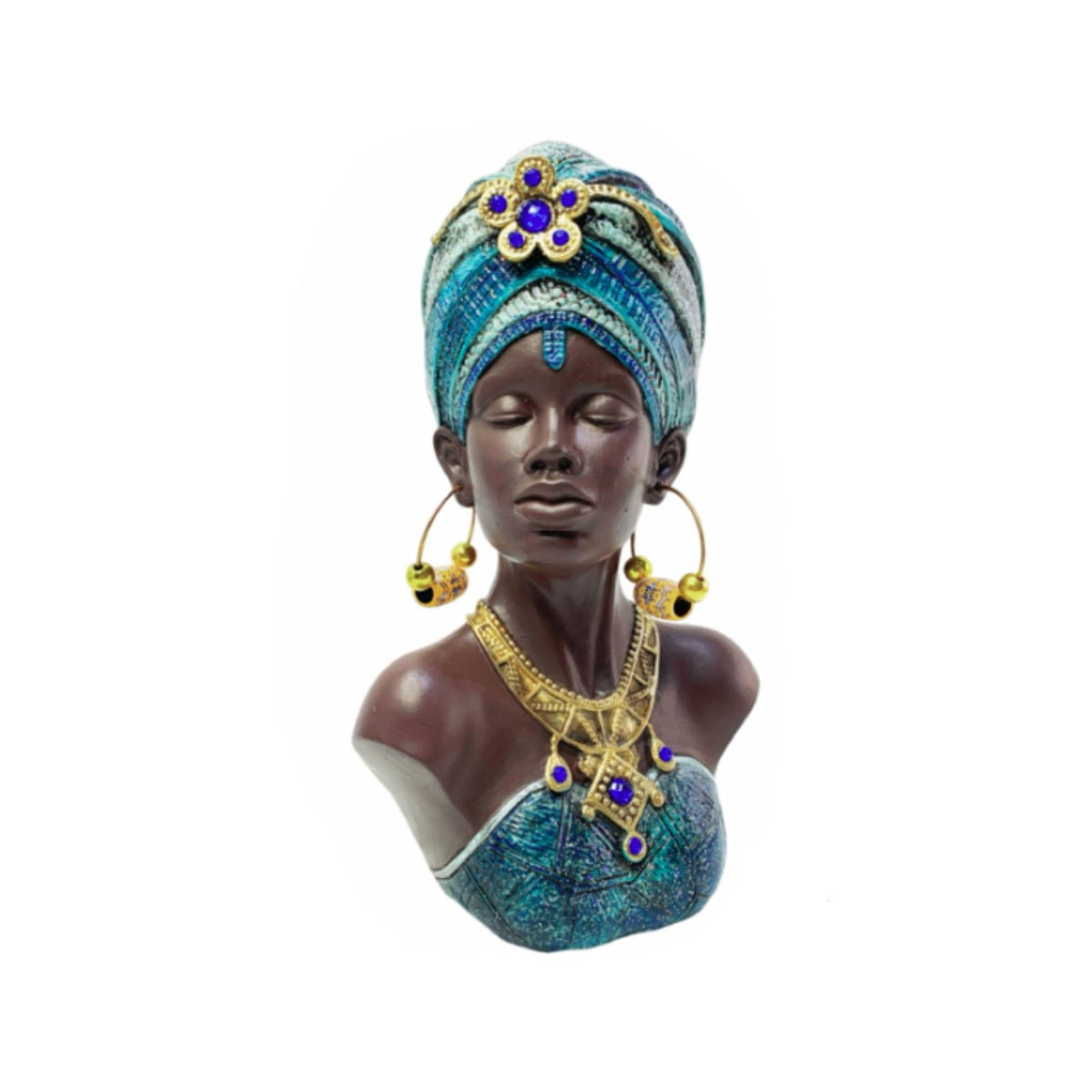 Blue Patterned African Woman Bust Sculpture Dark Brown Resin Decorative Bust Textured African Female Sculpture Gold-Tone
