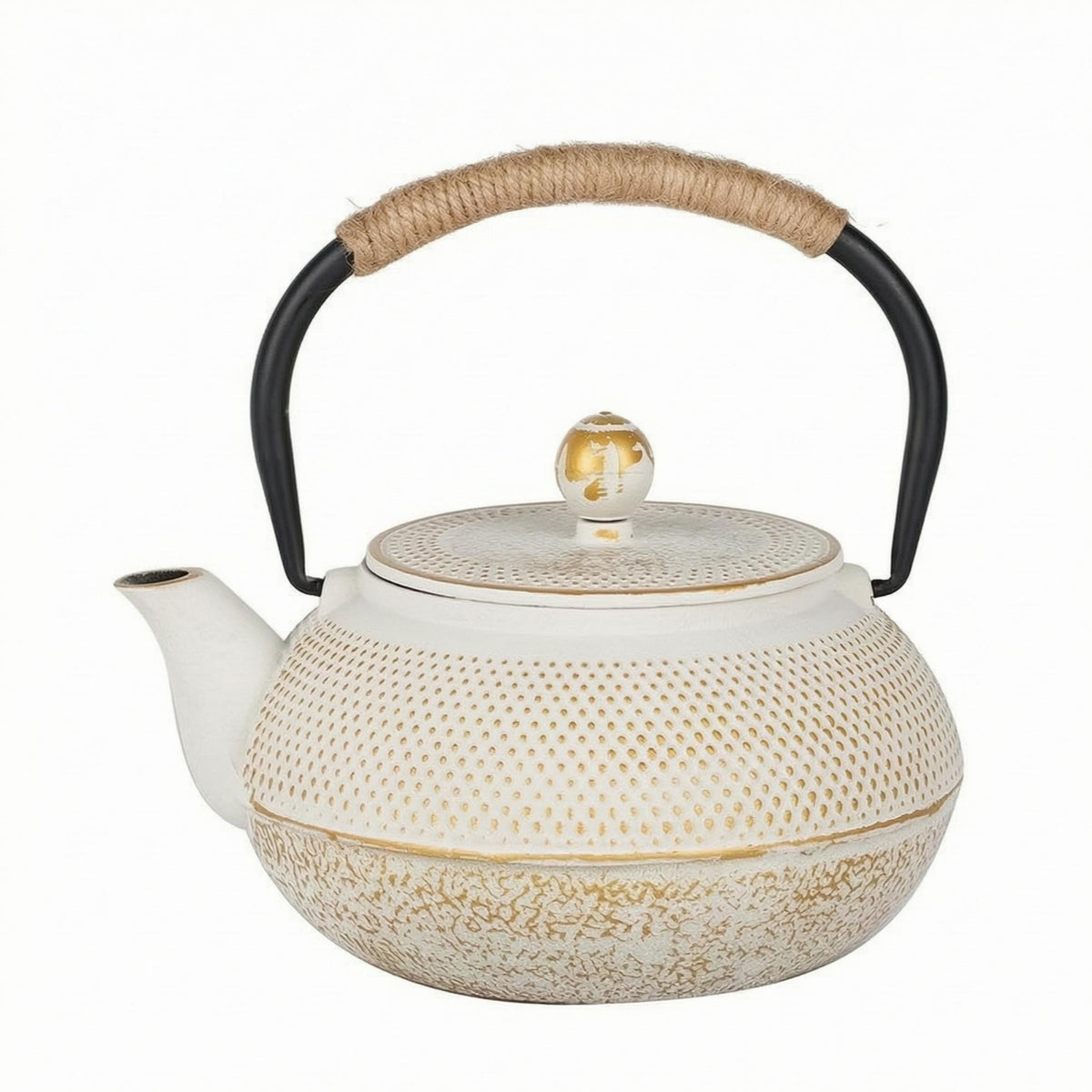 Speckled Cast Iron Teapot Fitted Lid Cast Iron Tea Kettle Natural Fiber Handle Wrap Tea Kettle Rounded Body