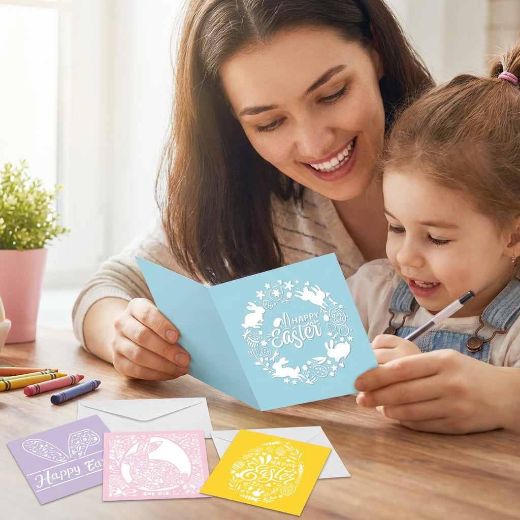 4 Pieces Hollow-out Bunny Card Bright Artwork Easter Greeting Card Value Pack Holiday Supplies for Families, Friends, Spring Celebration, Gift Giving
