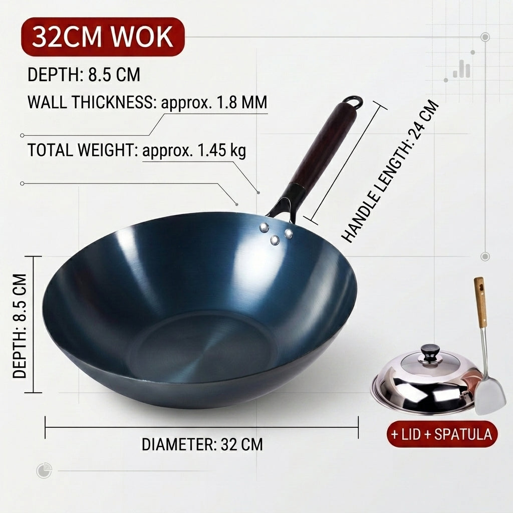 Stir Fry Cast Iron Wok Induction Hob Pan, Heavy Duty Wok with Lid and Spatula Set, Flat Bottom Fry Pan for Induction Hob, Wooden Handle Grip