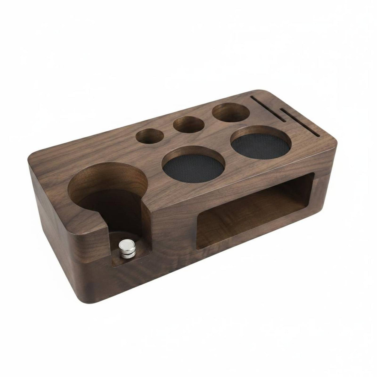 Multi-Functional Storage Walnut Wood Tamping Station Non-Slip Base Coffee Tamper Holder Organizer for Baristas, Cafe, Home Kitchen