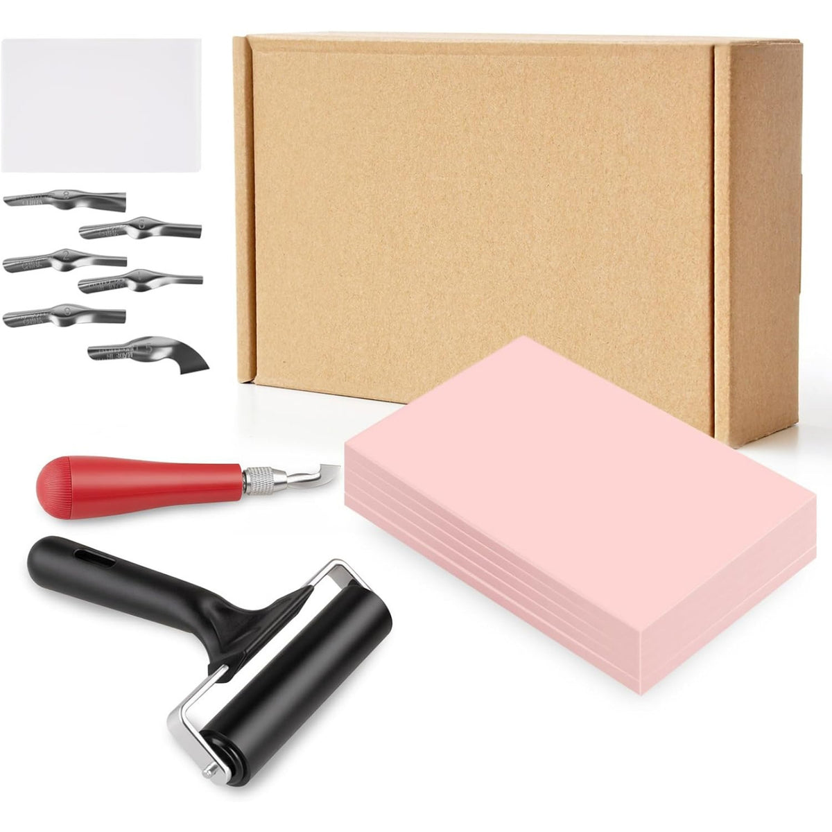 Linocut Starter Kit Complete Carving Kit with Rubber Blocks Interchangeable Linocut Tools Set for Hobby Artists, Craft Projects