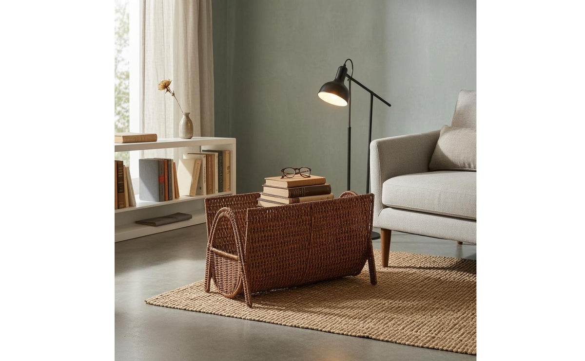 Iron Frame Woven Magazine Rack Easy to Clean Rattan Magazine Holder Walnut-Like Finish accessibleTop Book Basket Brown for Living Room, Office