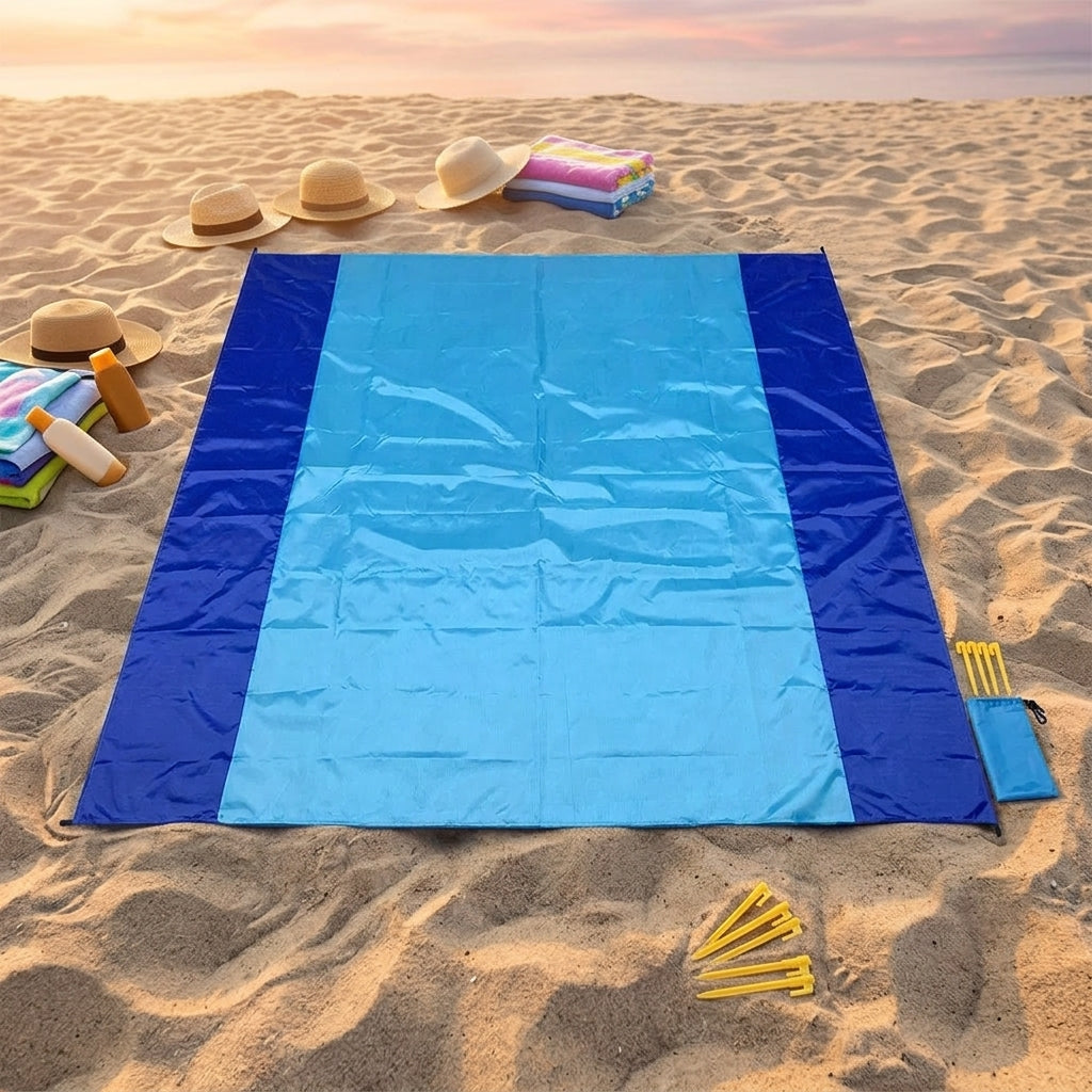 Picnic Blanket and Waterproof Mat for Family Picnic, Large 200x210cm Polyester Beach Blanket with Stakes, Machine Washable Camping Mat for Hiking