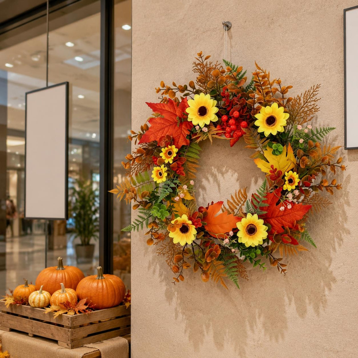 Autumn Blossom Wreath Hangable Door Wreath Seasonal Home Decoration for Shop Entrance, Wall