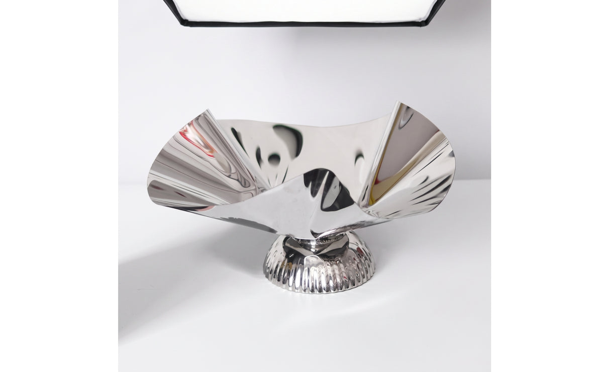 Silver Pedestal Bowl with Ribbed Base | Mirrored, Irregular Oval Bowl, for Tabletop