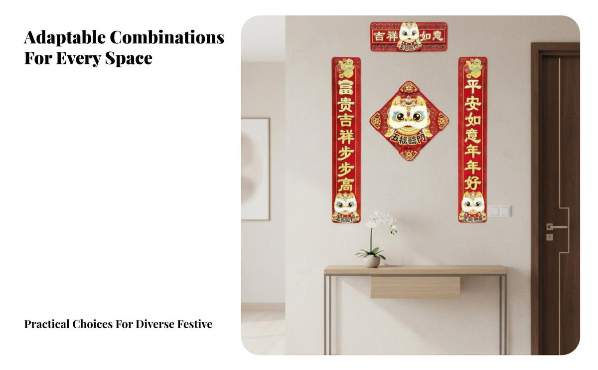 Chinese New Year Door Couplets, Flocking Fabric, Lion Dance Theme, Housewarming Decor