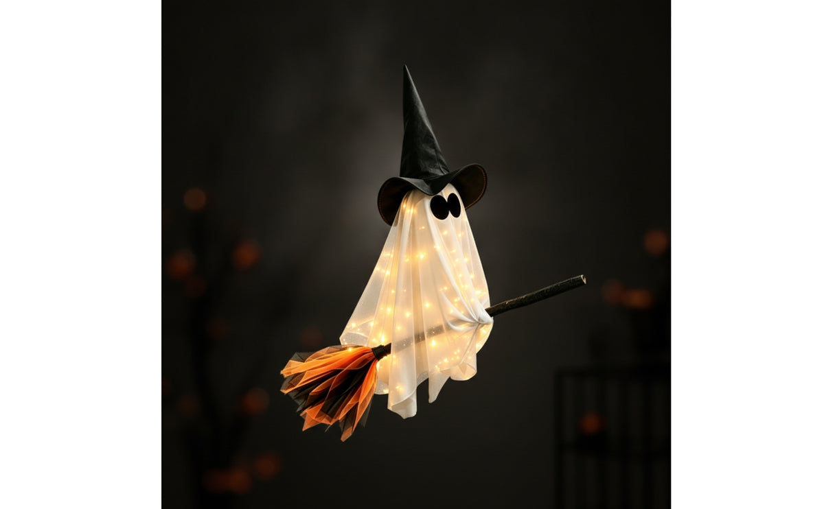 Specter with Witch Hat and Broom Festive Light up Hanging Specter Lighted Halloween Ornament for Porch, Yard, Spooky Dwelling