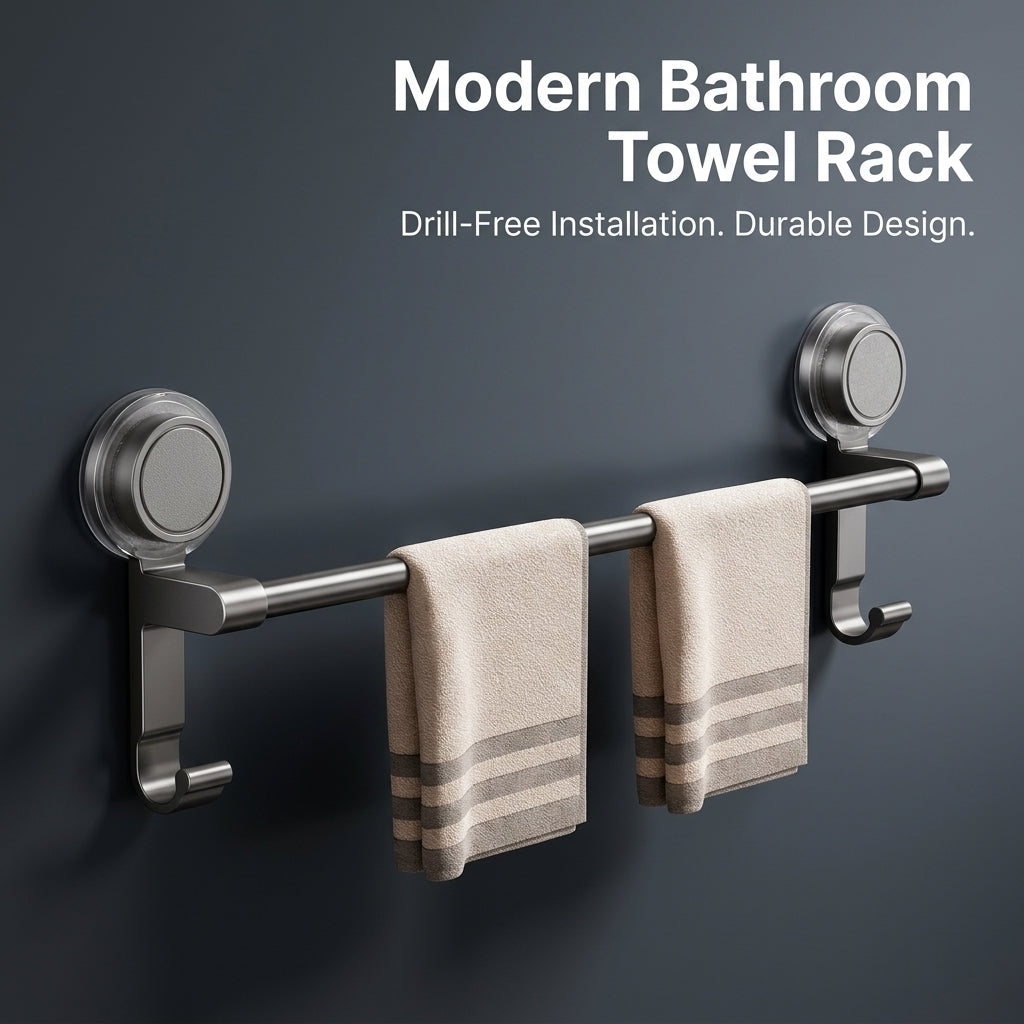 Towel Bar for Washroom & Shower Room, Double Rack Bathroom with Strong Suction Cup No Drill, Space Aluminum Storage Drying for Homeowners