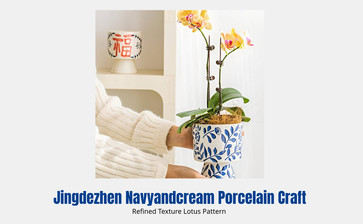 Ceramic Flower Pot, Navy & Cream Porcelain, Modern Chinese Style, Elegant Desktop Planter