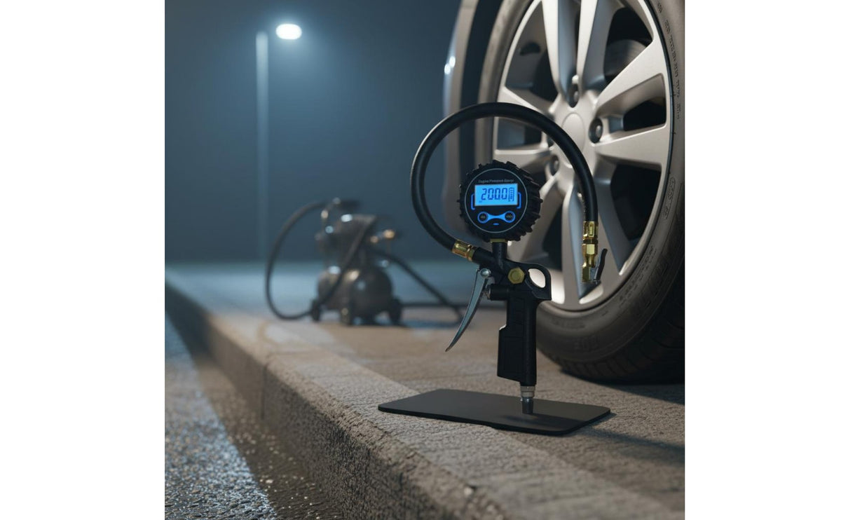 High Precision Tire Pressure Gauge Inflator Aluminum Alloy Inflator Gauge Blue Backlit Screen Vehicle Pressure Tester EU Valve Connector for Garage, Service Shop