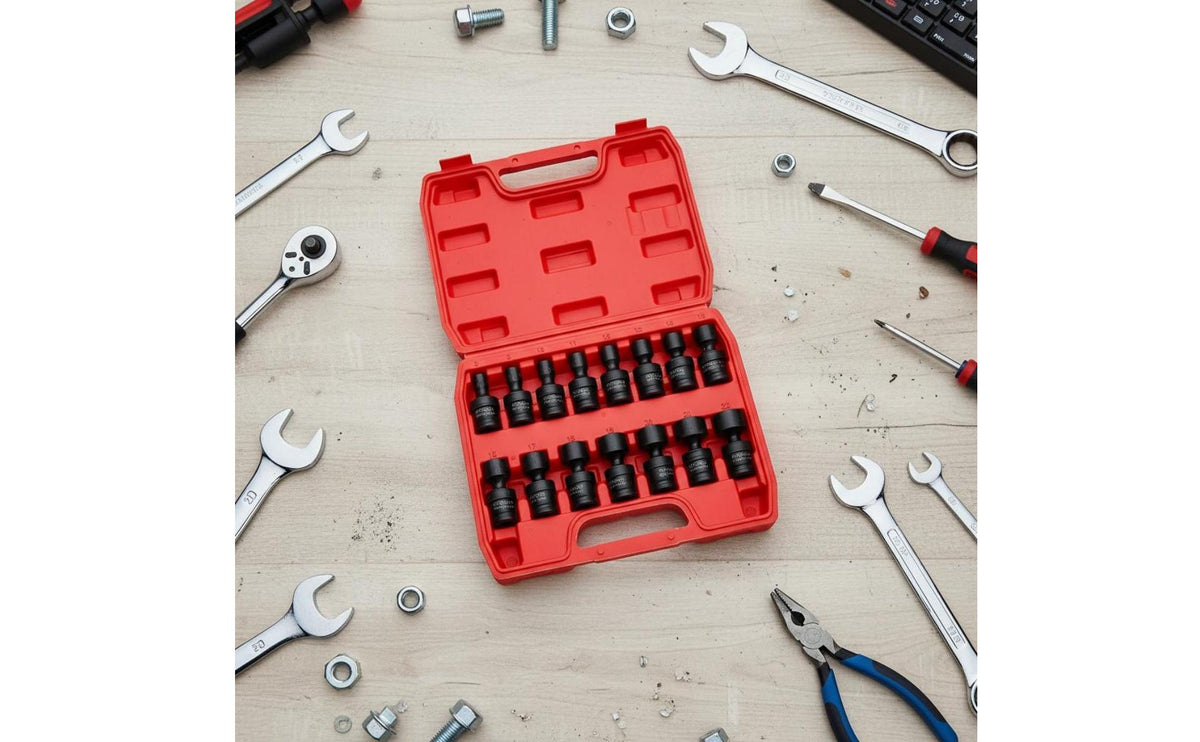 15 Pieces Universal Joint Socket Set High-Strength Steel-Molybdenum Steel Rotating Power Socket Set Etched Markings for Workshop