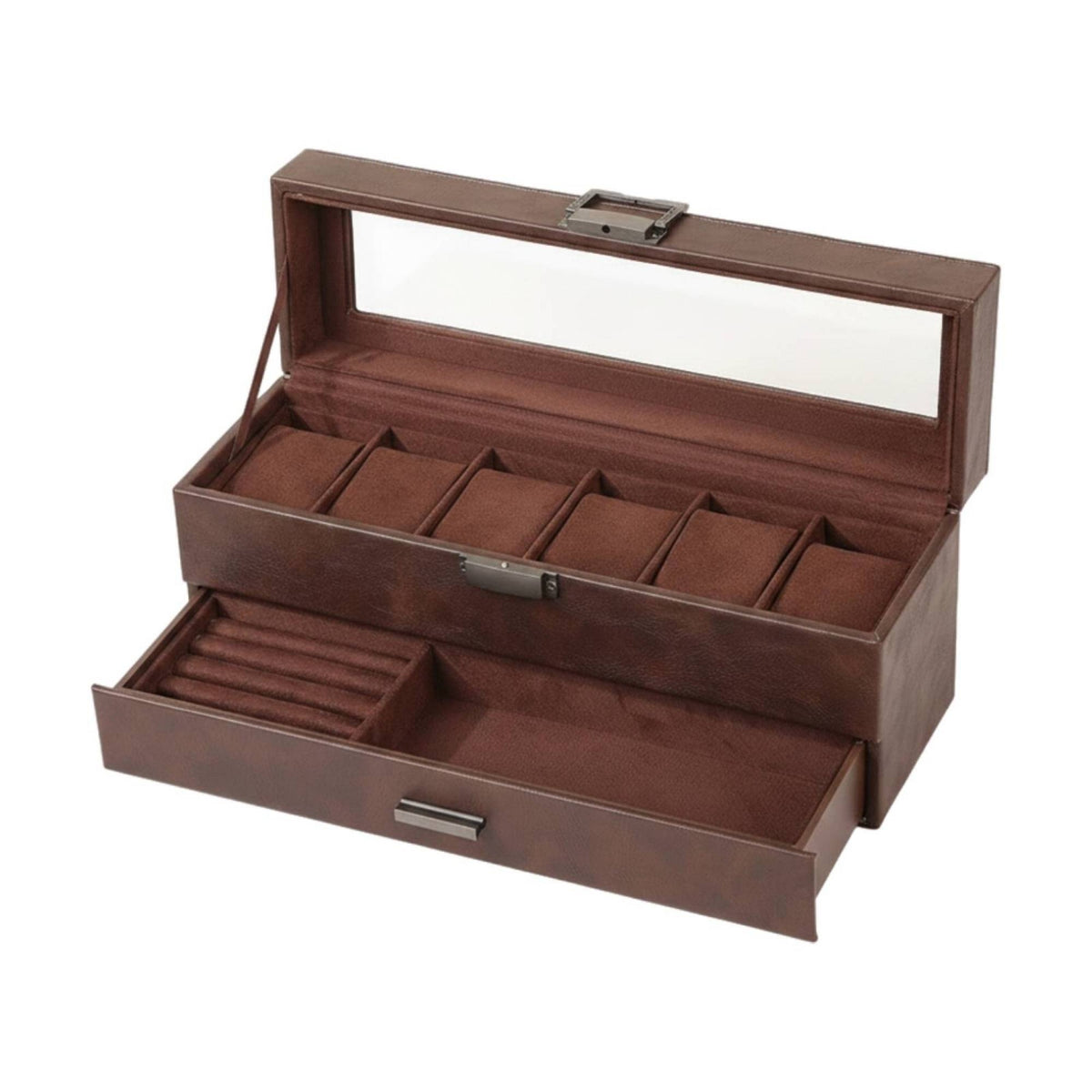 Vintage-Style Watch and Jewelry Organizer PU Leather Watch Box with Glass Lid Divided Jewelry Box with Glass Lid Dust-Resistant for Collectors, Dresser, Vanity Table, Closet
