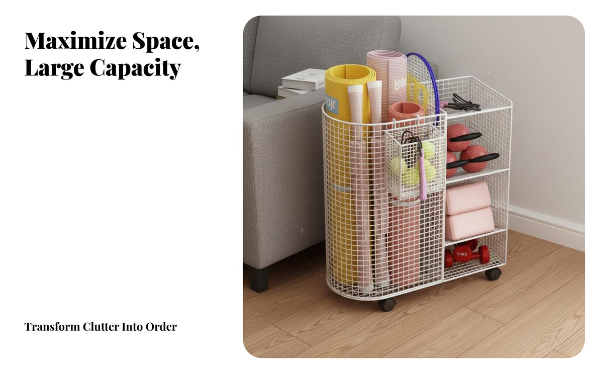Exercise Mat Storage Rack With Wheels Home Gym Equipment Organizer Space Saving Design Rolling Home Gym Organizer for Living Room