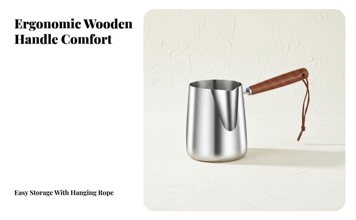 Internal Measurement Markings Coffee Latte Art Pitcher Multi-Purpose Stainless Steel Milk Pot Thickened Composite Bottom Mini Saucepan with Spout Induction Compatible for Home Cooks, Students, Parents, Stovetop, Cafe, Kitchen, Breakfast Making