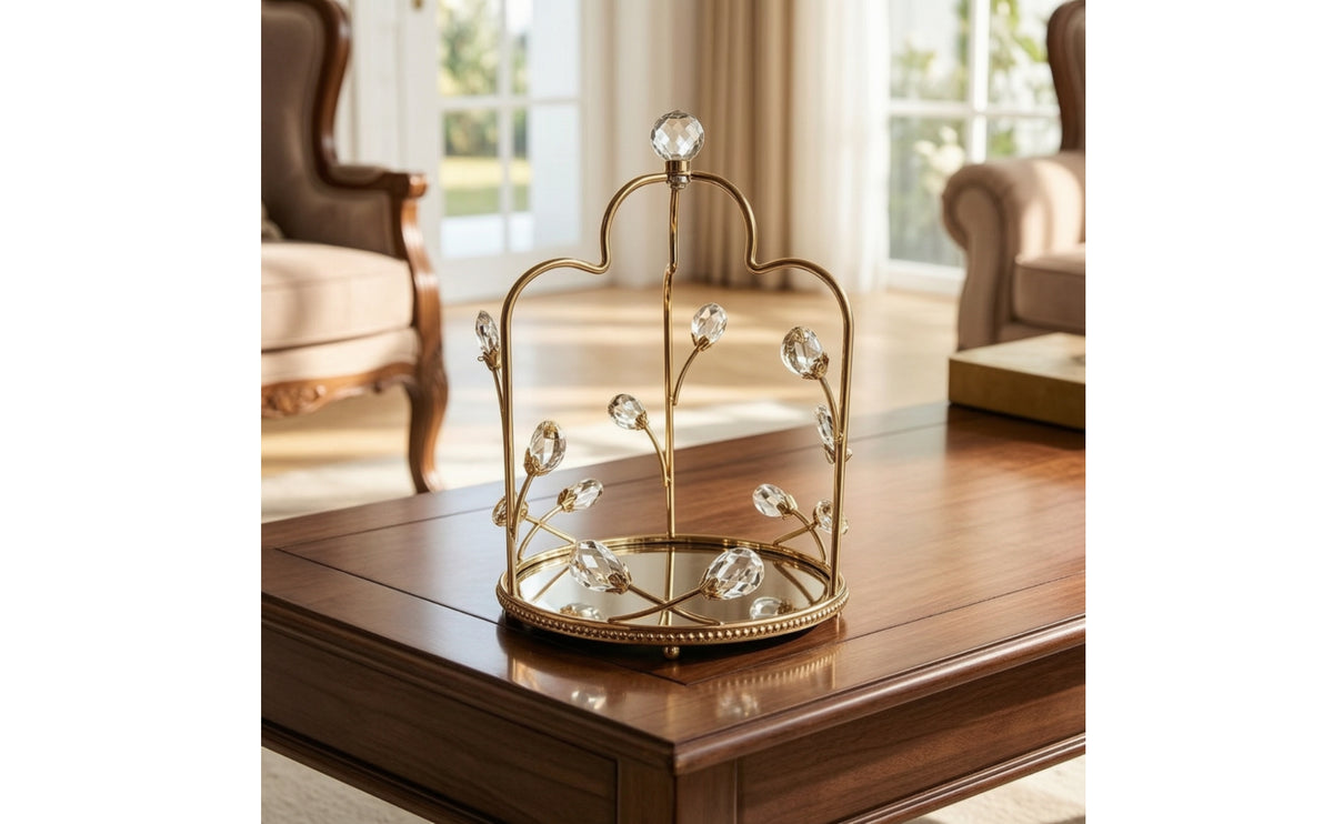 Gold Decorative Tray with Mirrored Base Ornate Crystal Accented Serving Tray Round Tabletop for Decorators, Hosts, Coffee Table, Afternoon Tea