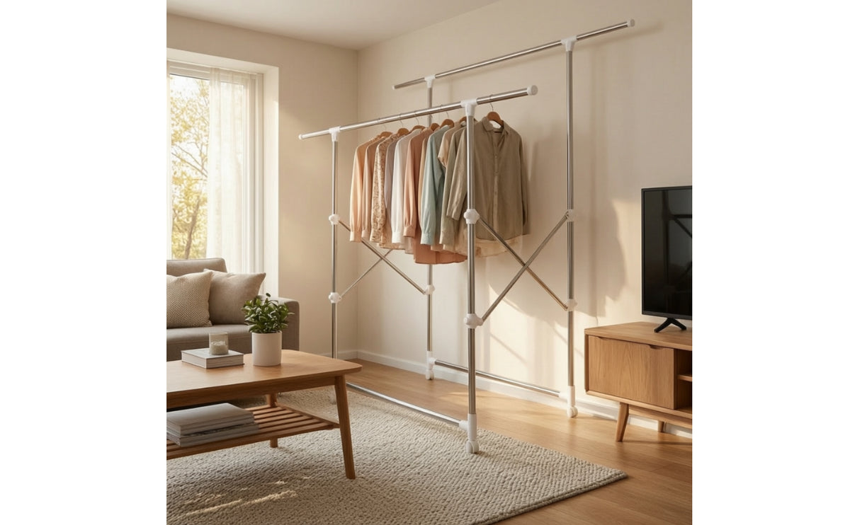 Adjustable Double Bar Garment Rack Mobile Double Rod Garment Rack Freestanding Two-Tier for Bedroom