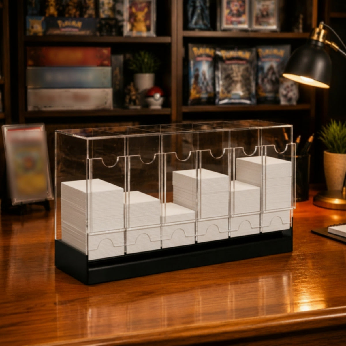 6-Compartment Booster Pack Dispenser Transparent Booster Pack Dispenser with Lid Sturdy Card Display Storage Box High-Capacity for Desk