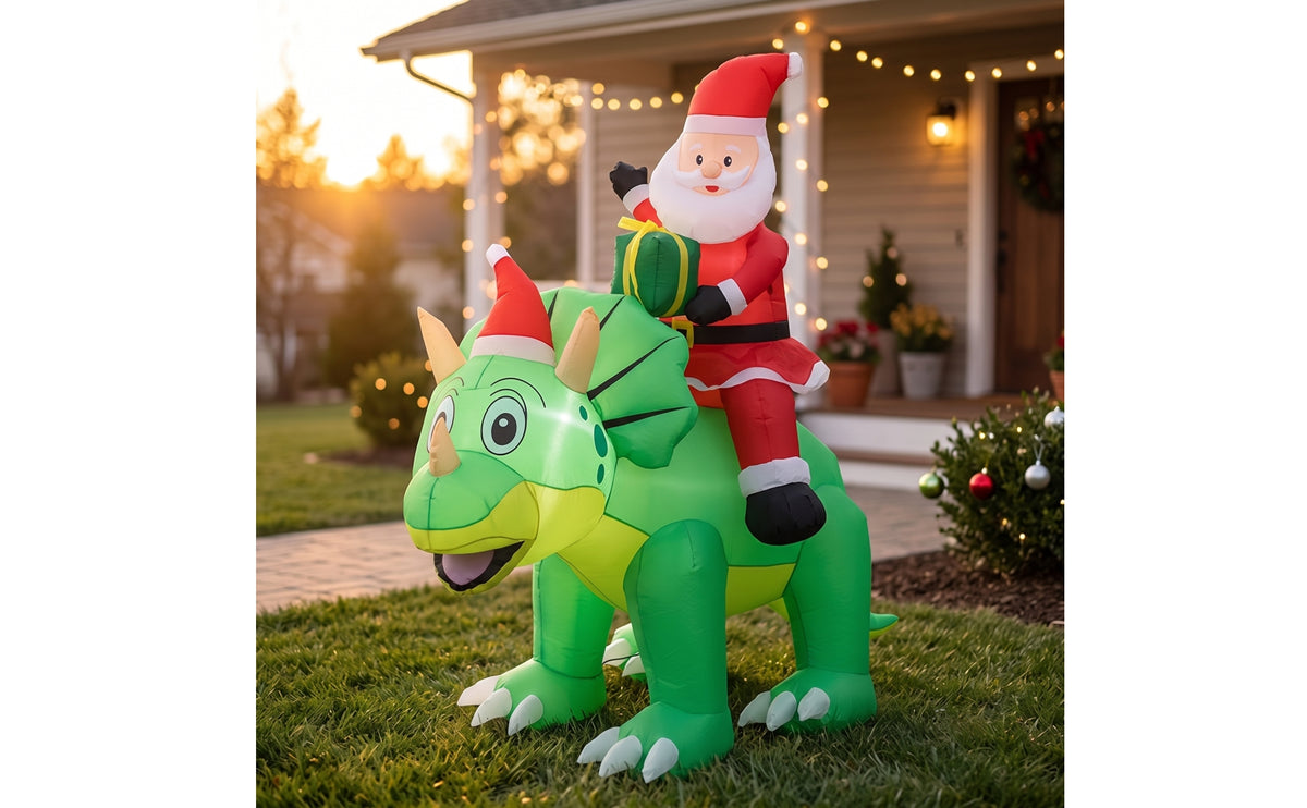 6 Ft Inflatable Santa Riding Dinosaur | Outdoor, Santa Riding Dinosaur Inflatable, for Yard