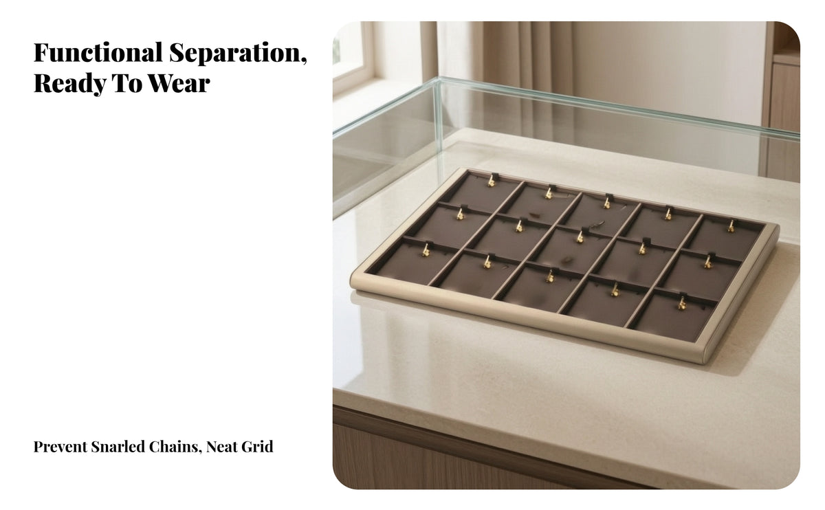 15-Slot Jewelry Display Tray with Hooks | Rectangular Flat Form, Low-Profile Design, Necklace Display Tray, for Dressing Table