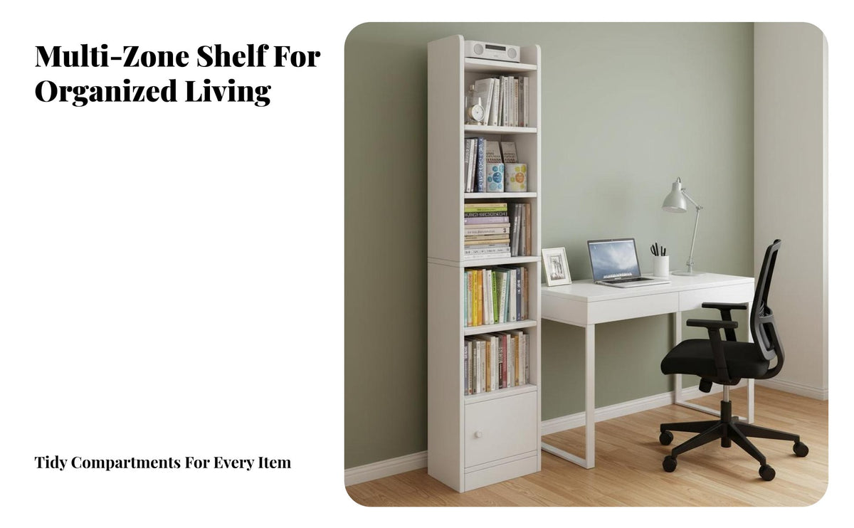 Space-Saving Narrow Storage Tower with Cabinet stand-alonestanding bookshelf Slim Design Shelving Unit Corner-Fit for Book Lovers, Apartment Dwellers, Homeowners, Living Room, Bedroom, Hallway