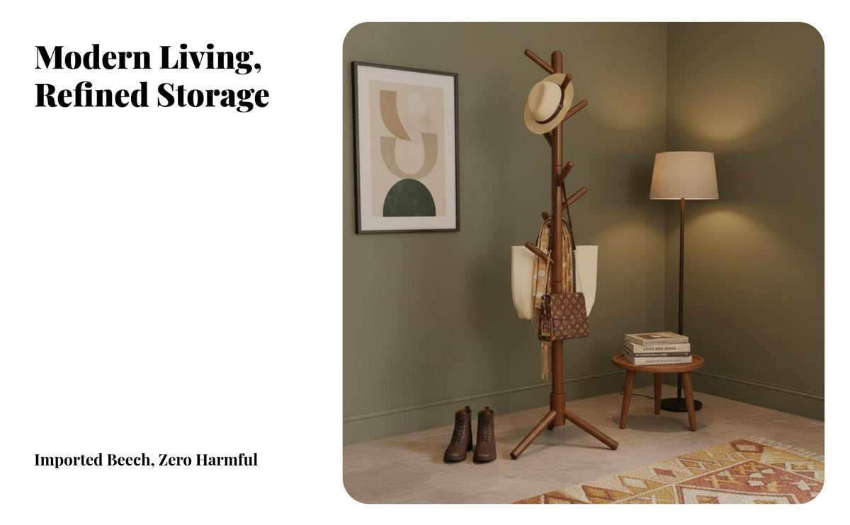 Stable Base Solid Wood Clothes Stand Modern Design Unattached Standing Clothes Hanger High Load Capacity Unattached Standing Coat Rack Easy Assembly for Families, Homeowners, Office Workers, Bedroom, Living Room, Hallway, Corner