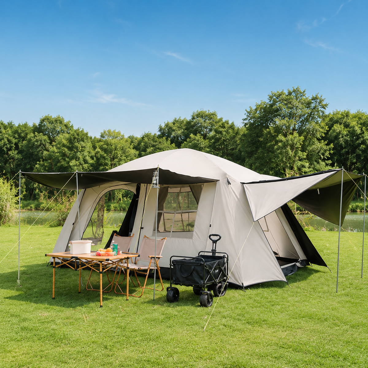 Large Family Camping Tent, Cream Double Layer Steel Pole Tent, 4 Season Waterproof Tent for Outdoor Adventures