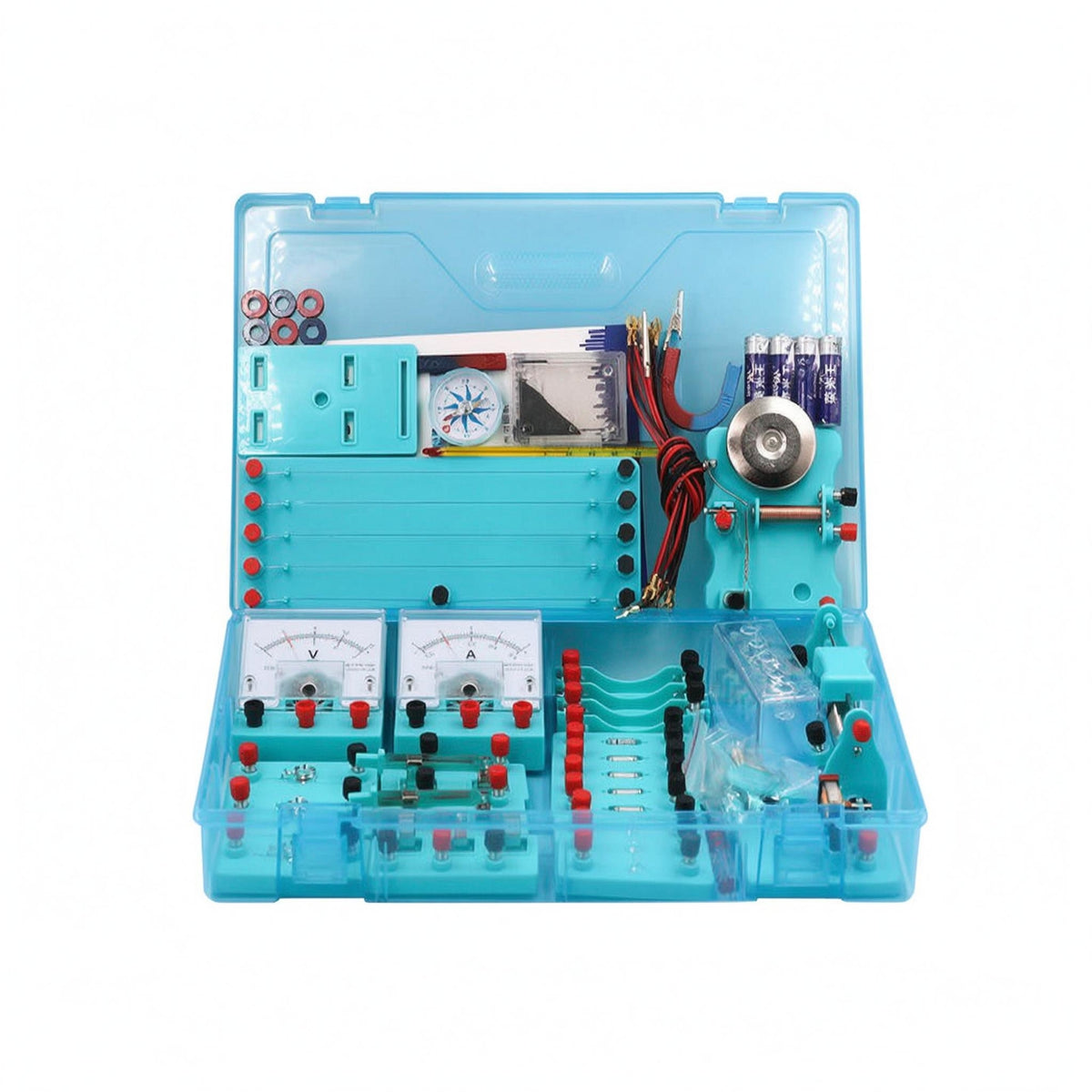 Transparent Blue Electricity Experiment Box Molded Compartments School Physics Laboratory Kit Hinged Lid Physics Experiment Kit Fitted Trays for Laboratory, Classroom