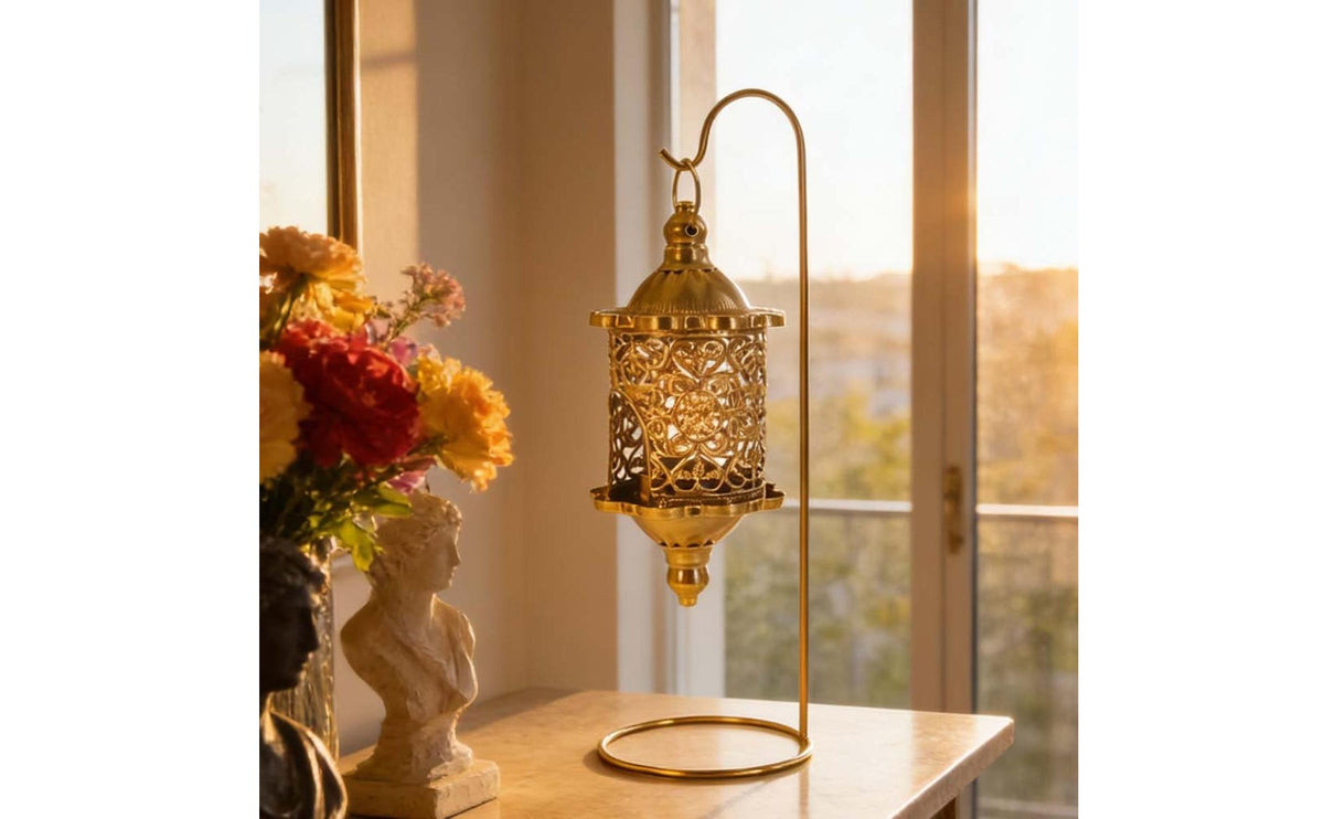 Hanging Candle Lantern with Stand Wrought Iron Baroque Style Lantern Romantic Atmosphere House Decoration for Tabletop, Patio