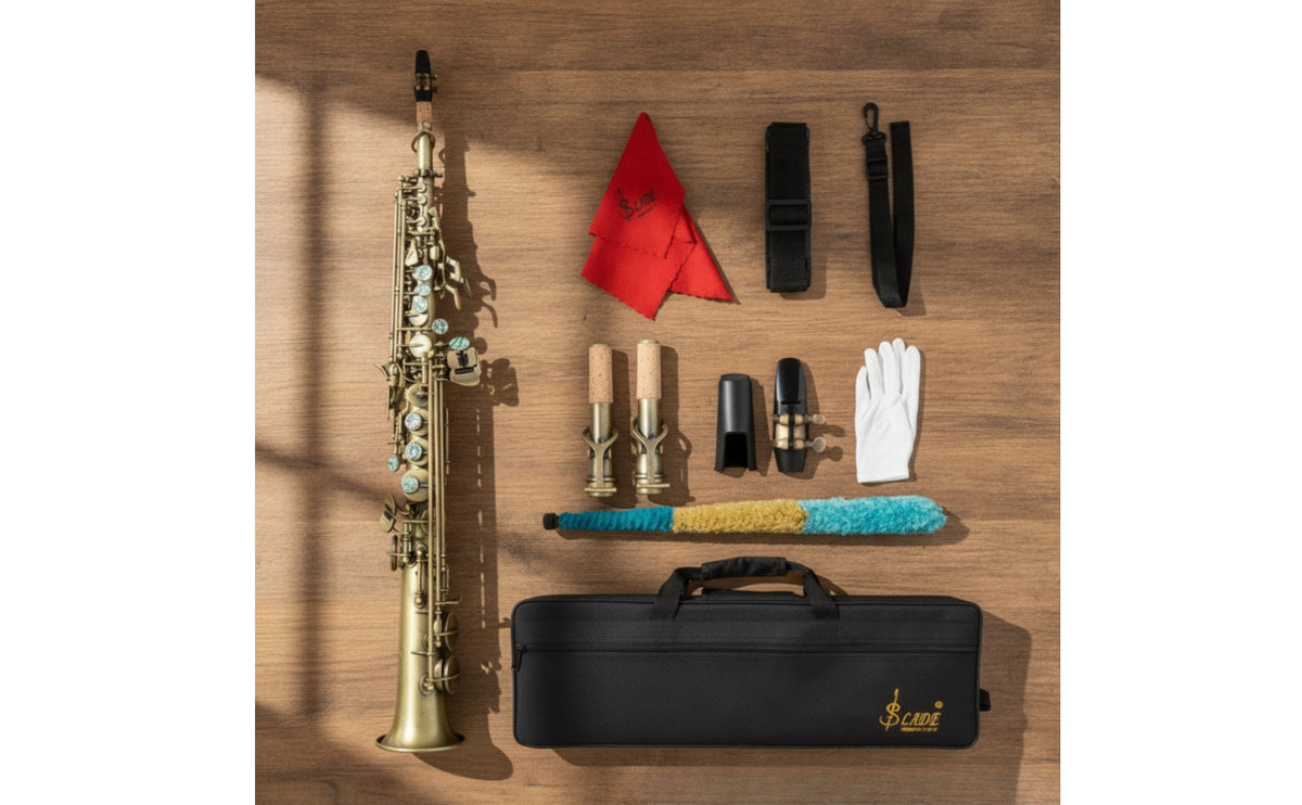 Antique Finish Straight Soprano Saxophone Brass Soprano Saxophone with Neck Strap Gold Finish Woodwind Balanced for Students, Performers, Performance, Practice, Travel