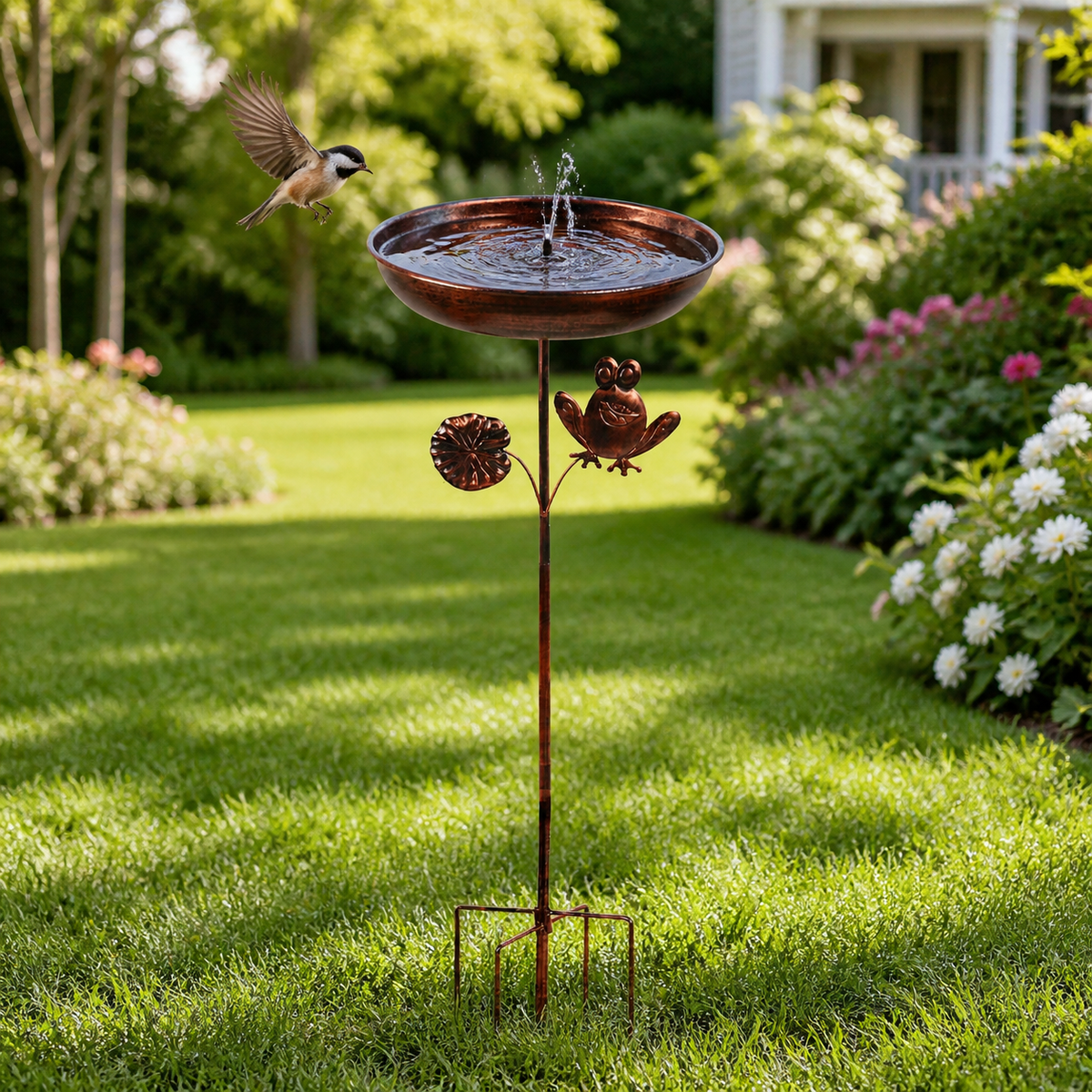 Bronze Iron Frog Bird Bath, 86x33cm Cast Iron Rustic Garden Decor, Freestanding Outdoor Bird Bath for Native Birds