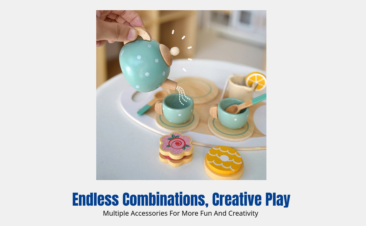 Wooden Pretend Play Tea Set, Afternoon Tea Dessert Toy, Role Play Kitchen Toy for Kids