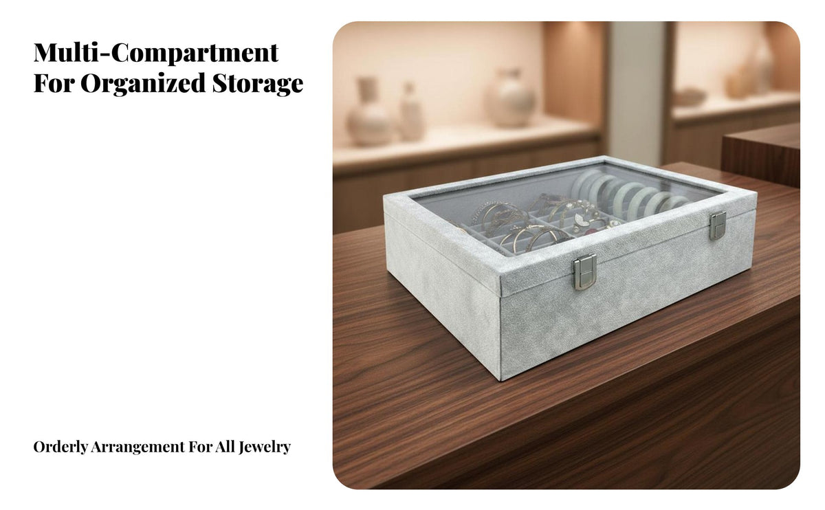 Multi-Compartment Velvet Jewelry Box with Clear Lid Dustproof Velvet Jewelry Organizer Tray Scratch Protection for Men, Vanity Table, Closet