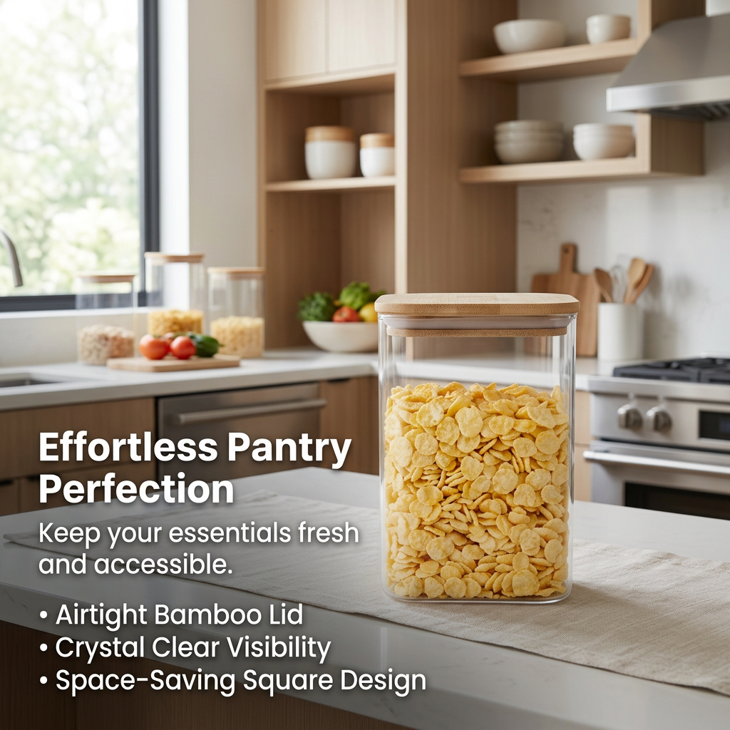 Airtight Food Storage Containers with Bamboo Lids, Square Jars for Dry Goods, Pantry Organizers, Kitchen Counter Storage, Coffee Bean Jars