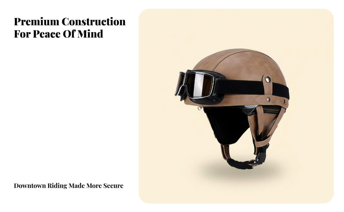 Retro Half Helmet All Season Use Retro Leather Half Helmet Quick Release Buckle Vintage Motorcycle Head Cap for Men, Women, Cruising, Daily Commute