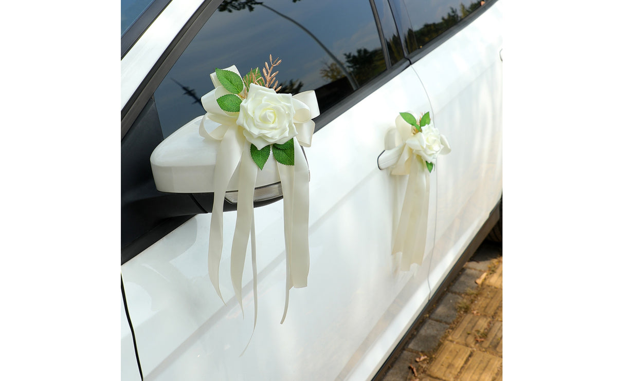 Wedding Car Bow with Streamers Hanging Car Mirror Flower with Suction Cup Decoration Romantic for Brides, Aisle Chairs