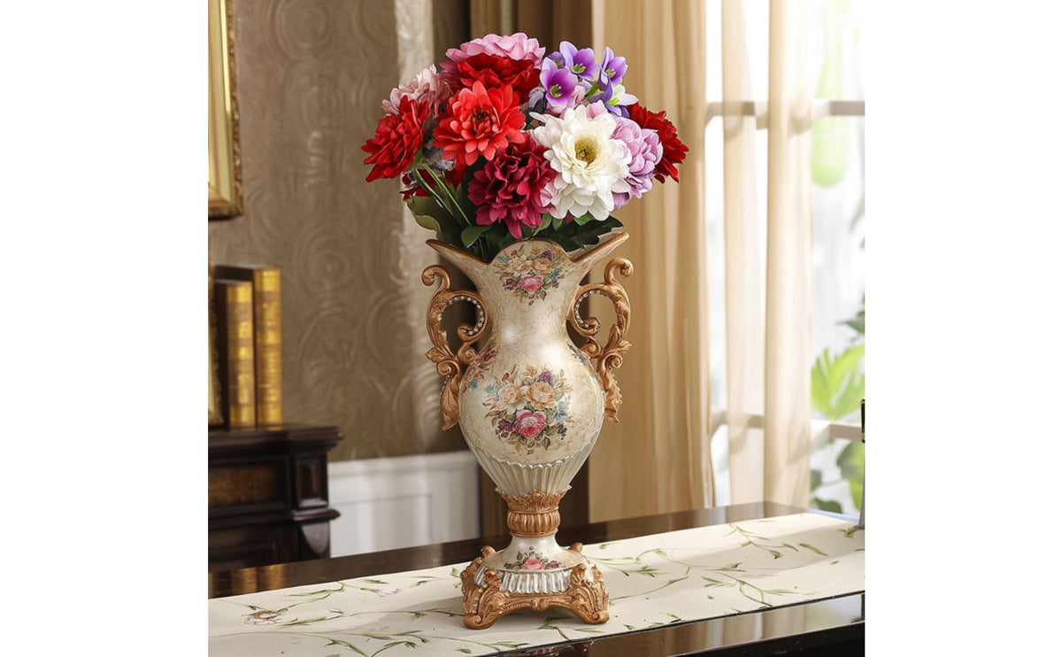 Resin Vase with Handles Crackle-Finish Decorative Vase Floral-Printed Tabletop Urn for Home Stylists, Florists, Living Room, Dining Table, Entryway
