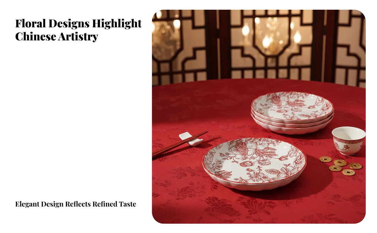 Ceramic Dinnerware Set, Red Flower Square Bowls & Plates, Wedding Housewarming Gift, Adult Tableware