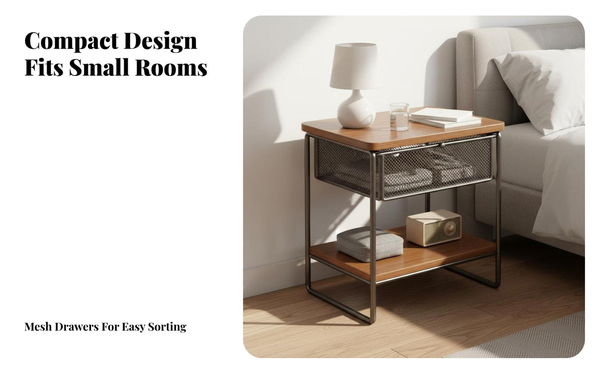 Layered Design 2-Tier Storage Table Retro Design Bedside Table with Mesh Drawer Space Saving Metal Frame Nightstand Multi-Purpose for Apartment Dwellers, Homeowners, Bedroom, Living Room, Entryway, Nursery