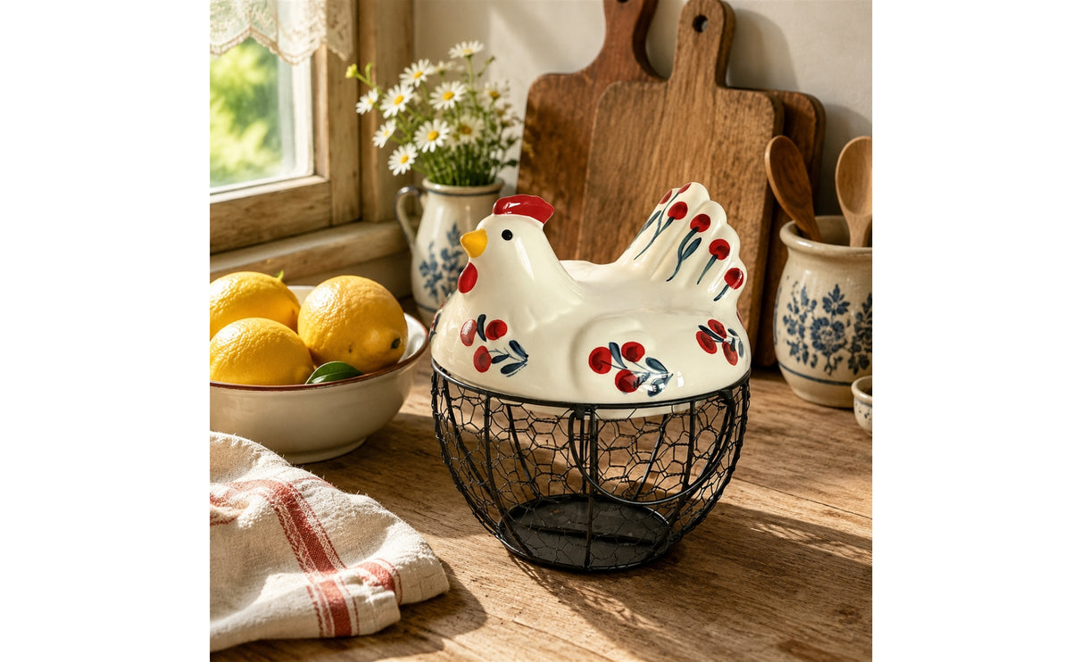 Egg Basket with Chicken Lid Decorative Egg Basket with Ceramic Lid Retro for Collectors
