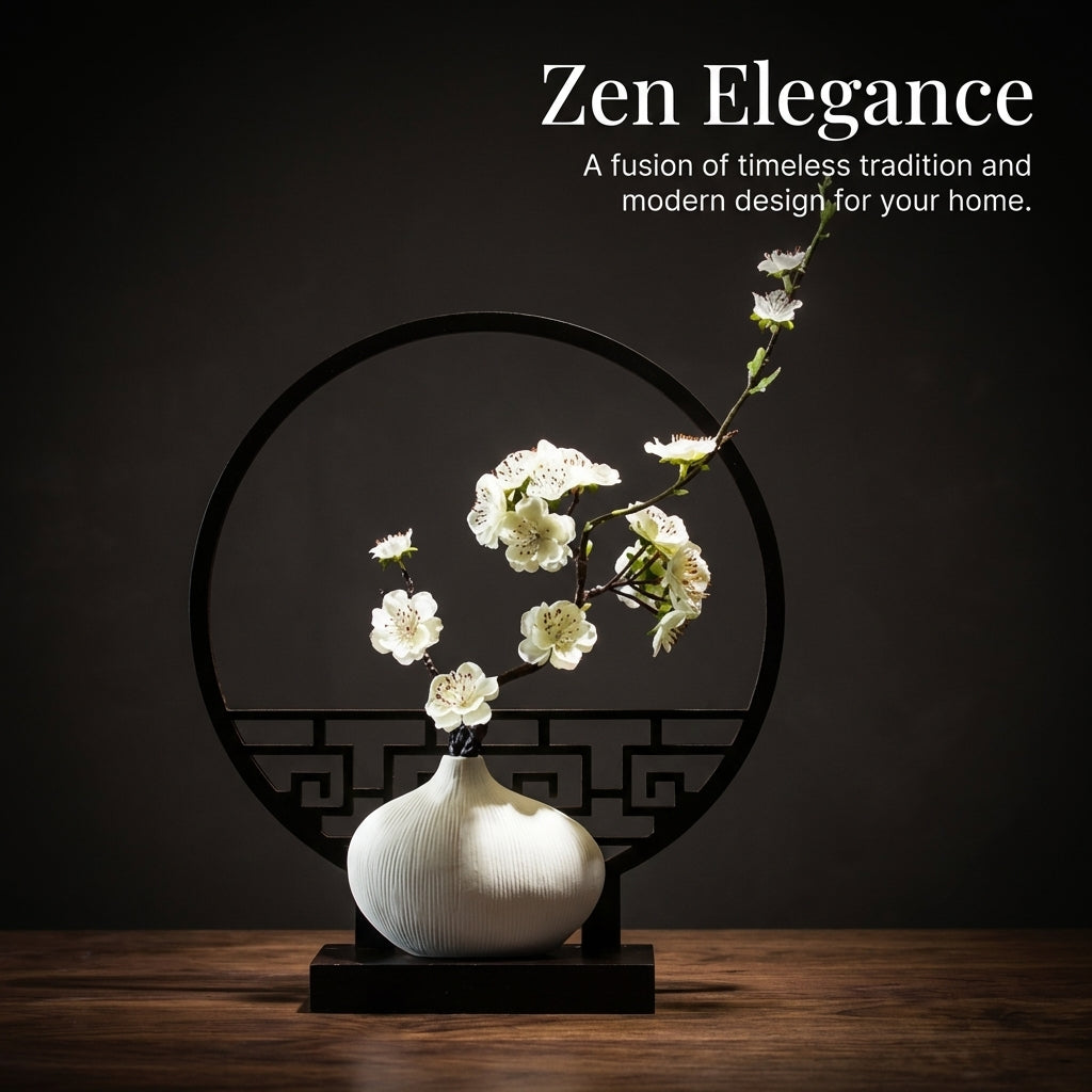 Chinese Style Decorative Display Shelf Ornament with Artificial Plants, Ceramic Base Tabletop Decoration for Living Room Tea 34cm