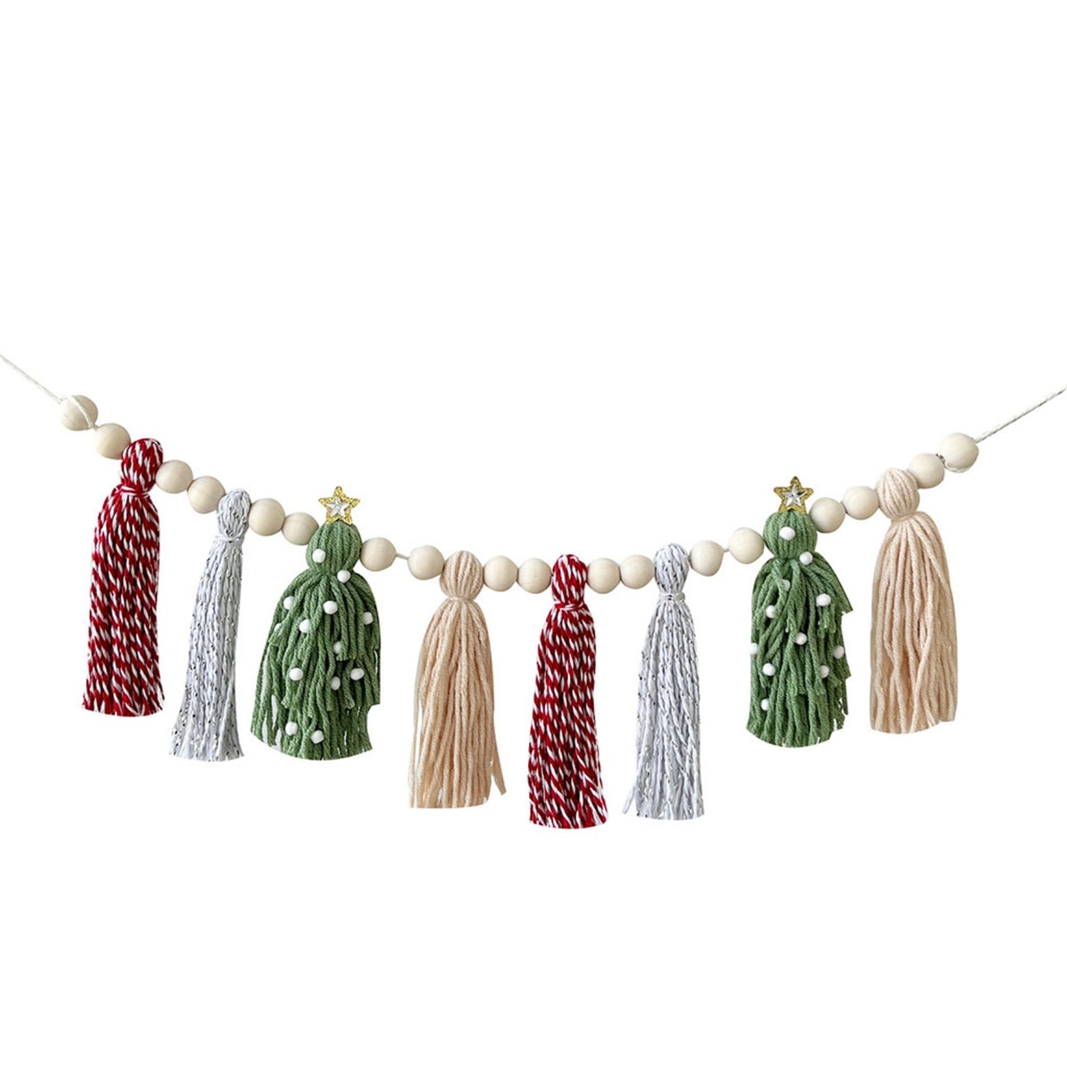 Wood Bead Garland with Tassels Holiday Beaded Wreath with Tassels Festive
