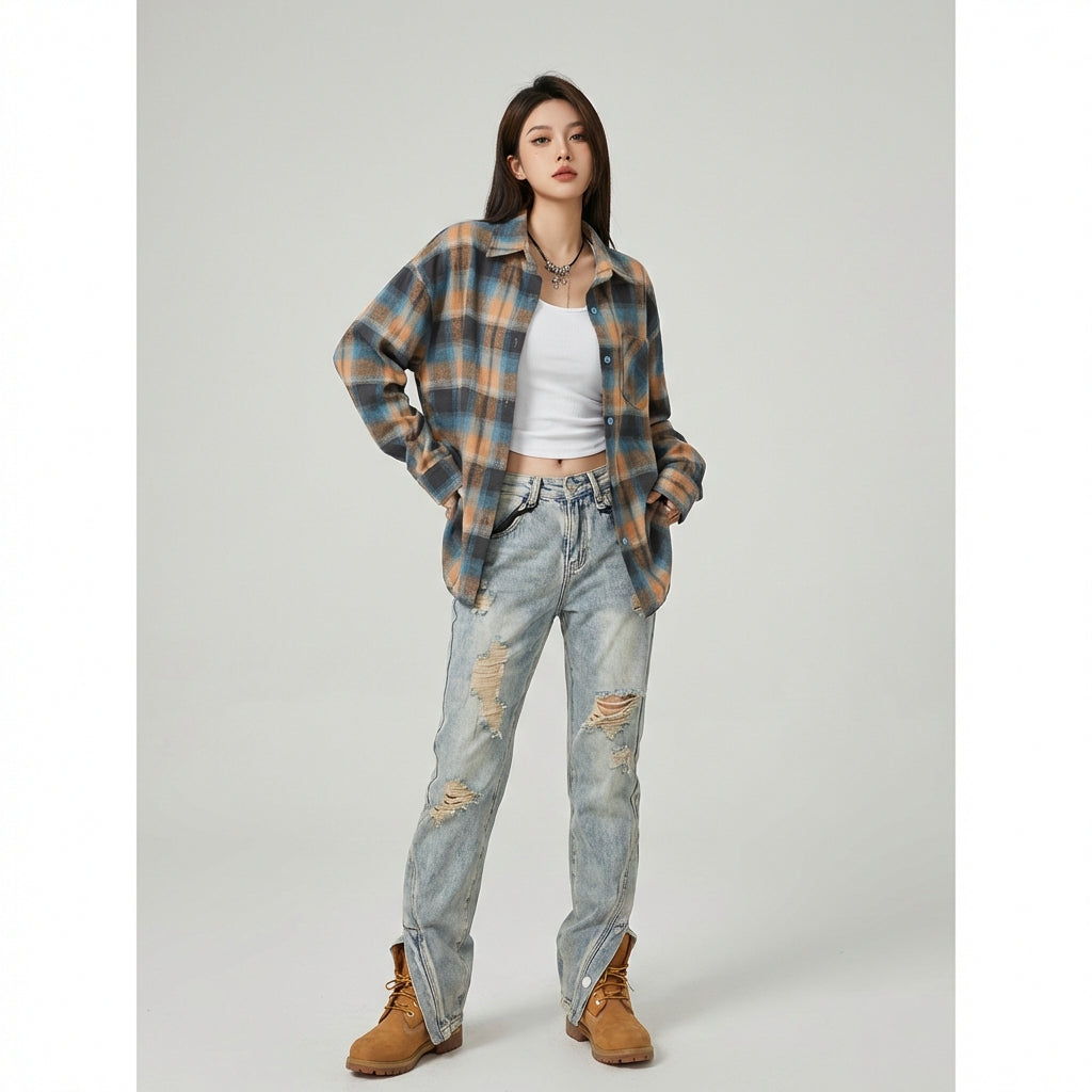Long Sleeve Plaid Shirt Versatile Retro Plaid Blouse Comfortable Loose Fit Checkered Shirt for Young Adults, Students, Commuting, Daily Wear, Travel