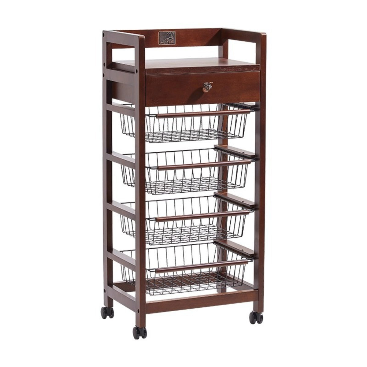 Wood Drawer Basket Cart Open Frame with Drawer Brown Finish Wooden