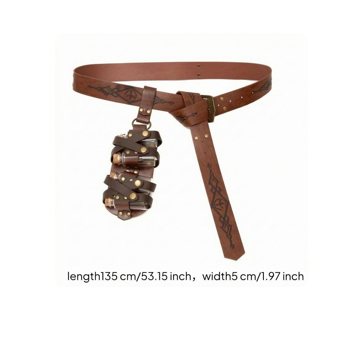 Leather-Like Straps Bottle Holder Belt Engraved Pattern Cosplay Waist Belt Aged Finish Wizard Potion Bottle Set Metal Rivets