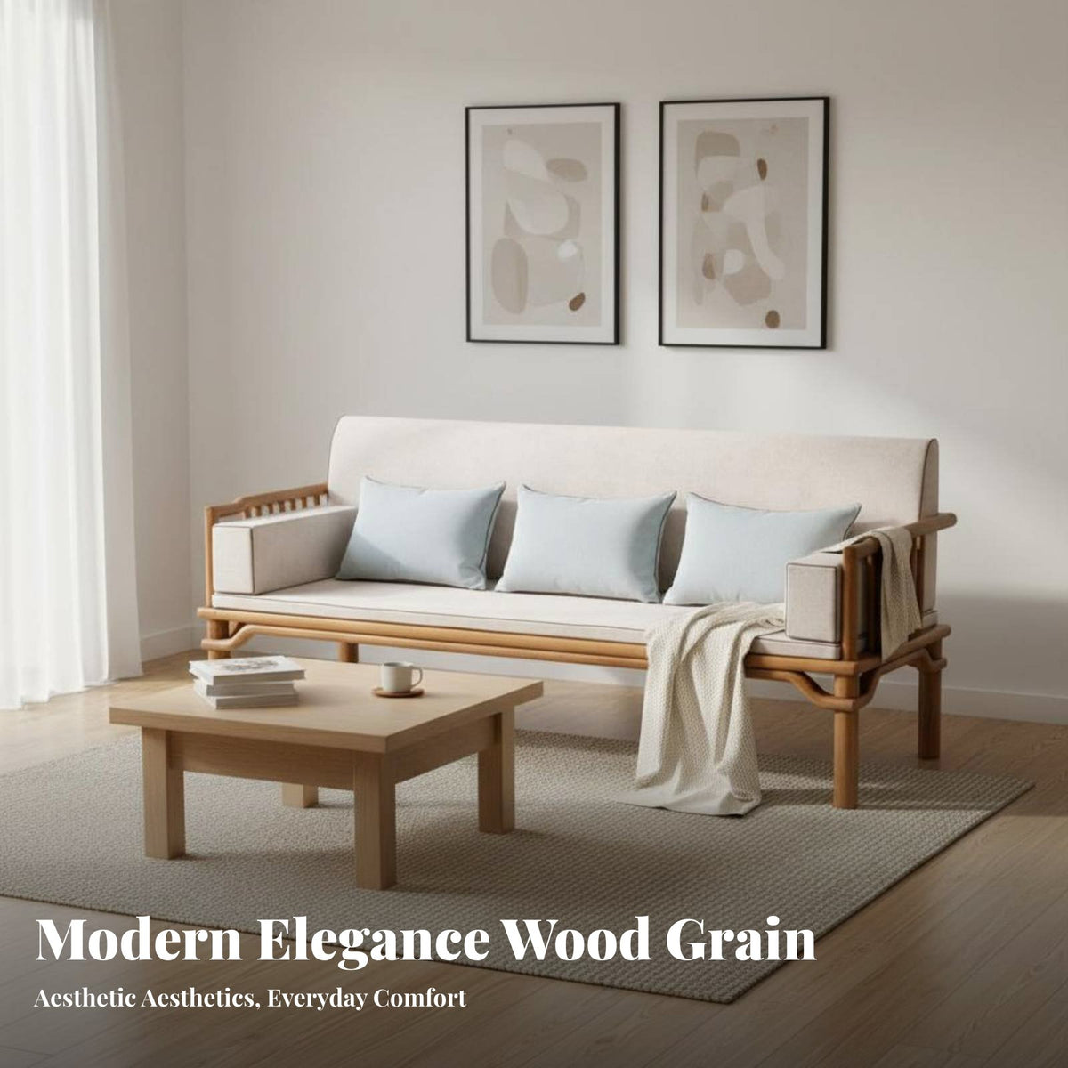 full wood Wood Construction Three-Seater Chinese design Sofa Sturdy Frame Living Room Furniture Comfortable Padded pad Wooden Bench Minimalist Design for Homeowners, Families, Apartment, Reception Area, Study, Bedroom