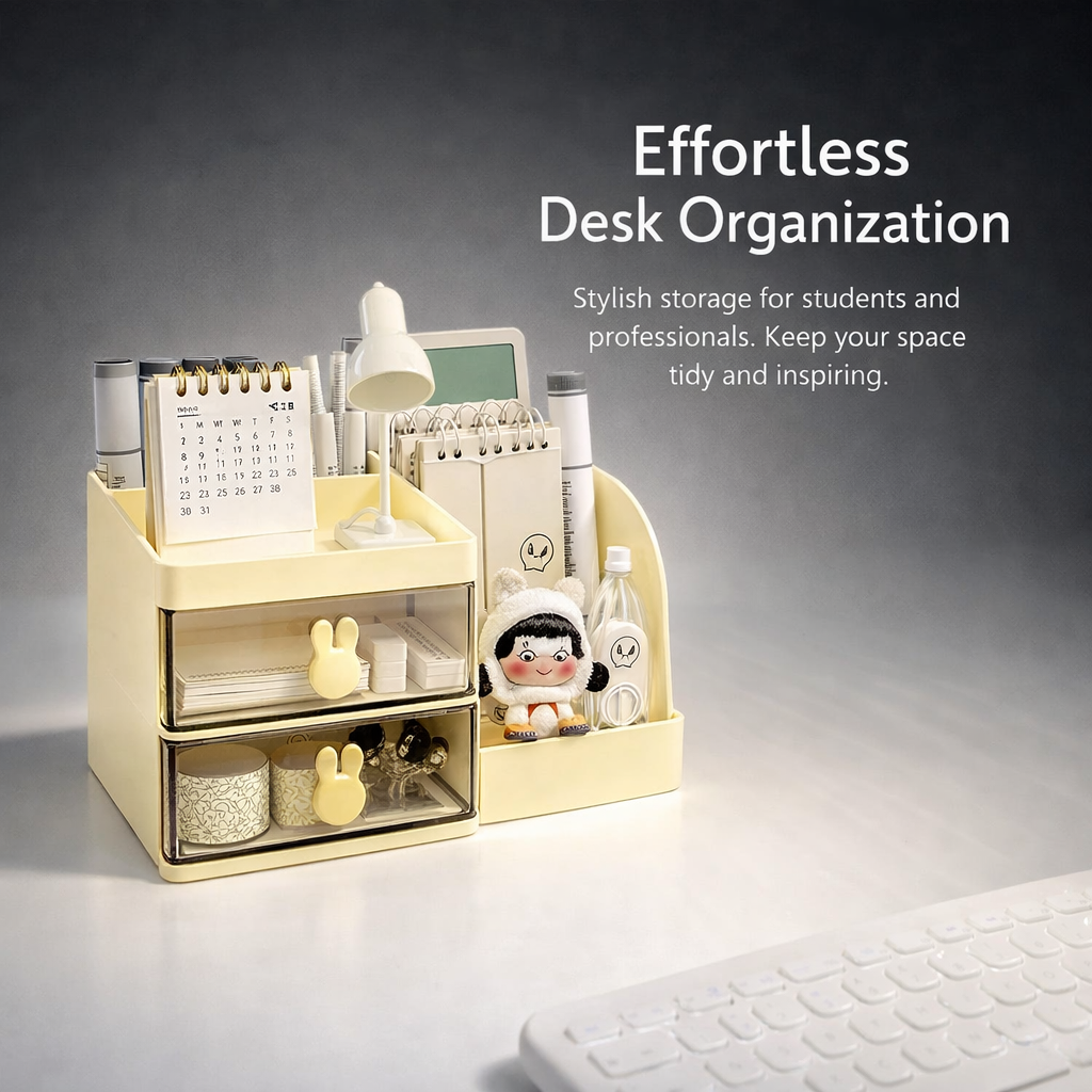 Desktop Book Stand Organizer with Drawer and Pen Holder, Desk Storage for Office Supplies, Large Table Top with Compartments for Students