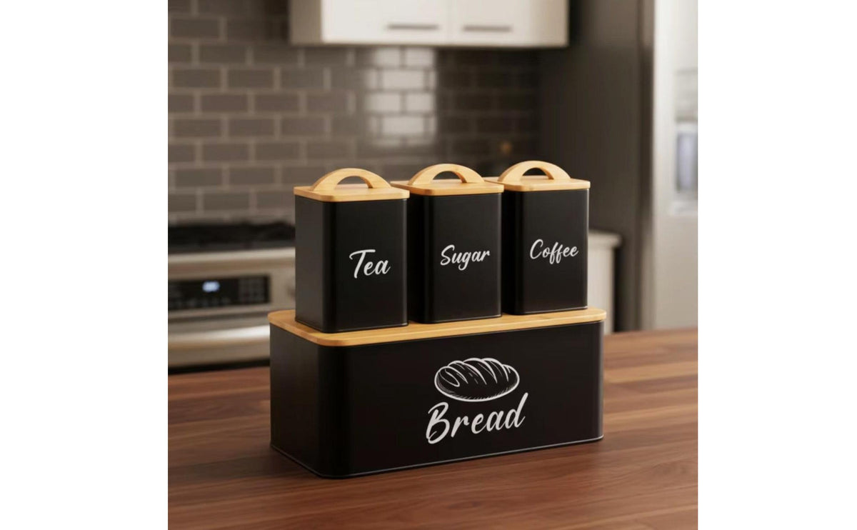 4 Pieces Preserved Keeping Tea Sugar Coffee Canister Set Modern Simple Design Kitchen Canister Set Multifunctional Bamboo Lid Bread Box Countertop Display for Pantry