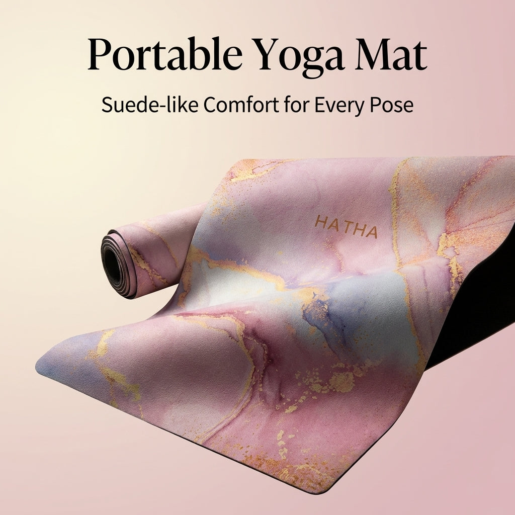 Hata Yoga Mat, 1.5mm Suede Surface, Natural Rubber Bottom, Portable Folding Yoga Blanket for Home Use, Pink Meditation, Floating Light Shadow